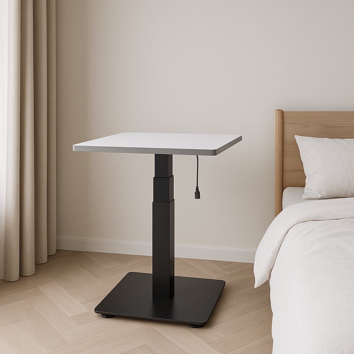 Стол с регулировкой высоты электрический LuxAlto на одной опоре черный/белый ЛДСП 60х60