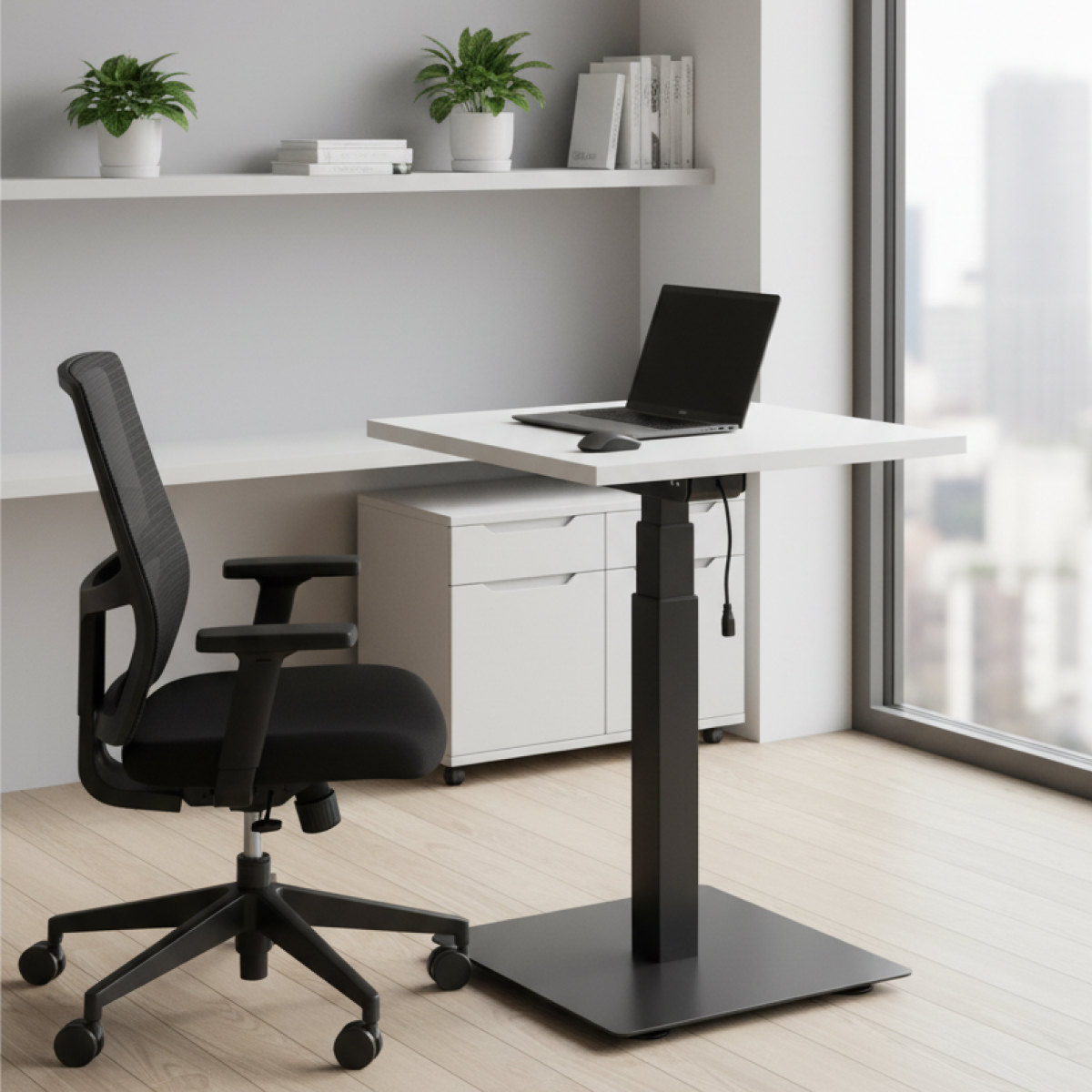 Стол с регулировкой высоты электрический LuxAlto на одной опоре черный/белый ЛДСП 60х60